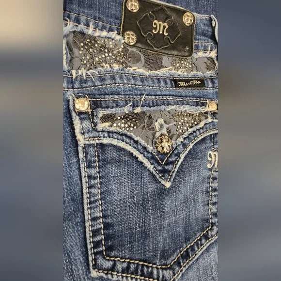 Miss Me Medium Wash Boot Cut Denim Jeans  Black lace And Jewel Embellishments - Picture 7 of 13
